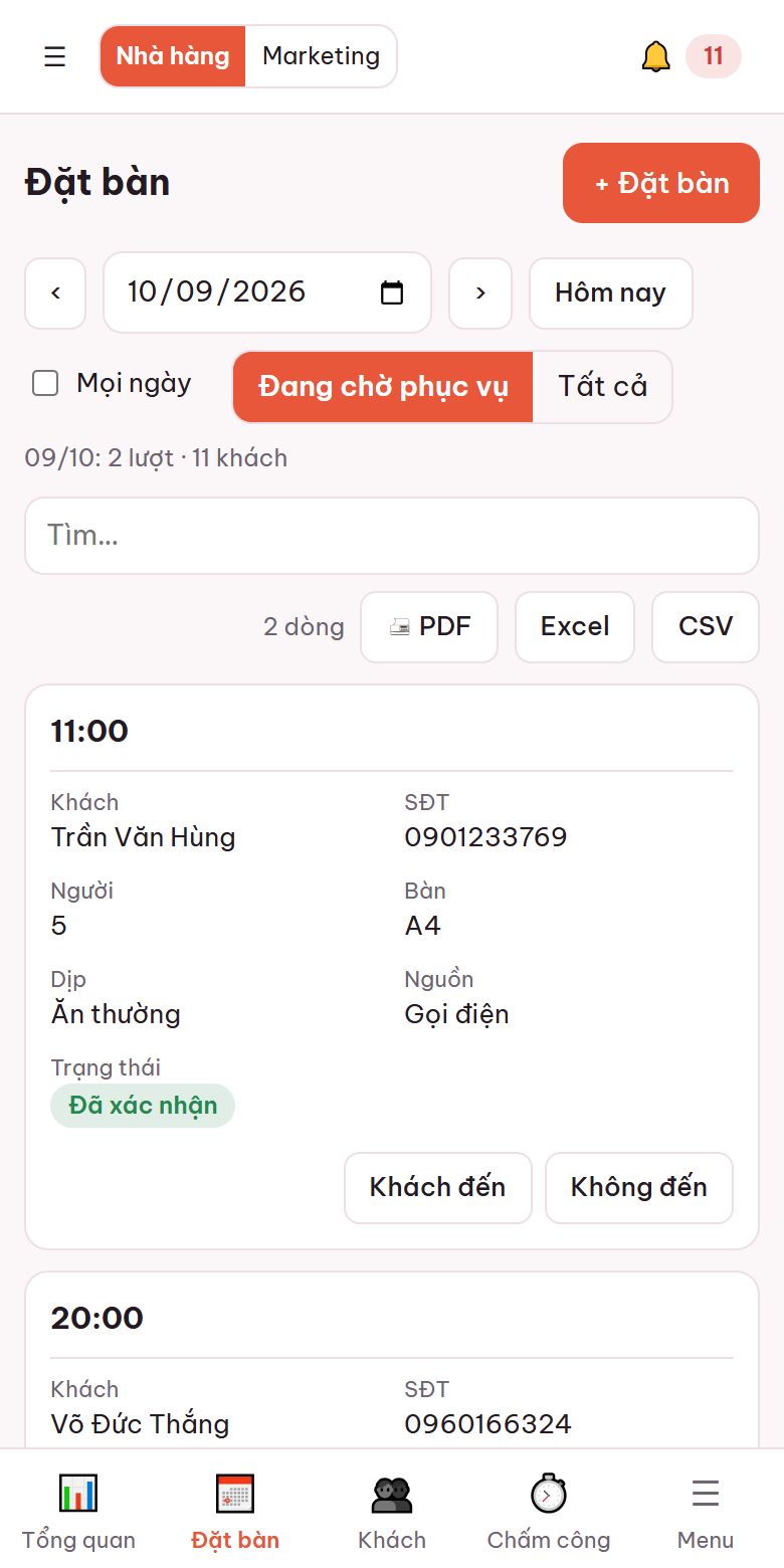 Danh sách đặt bàn dạng thẻ