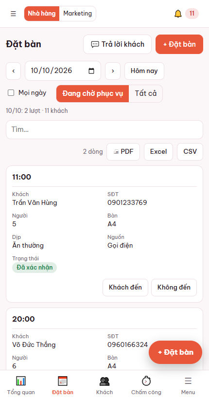 Danh sách đặt bàn